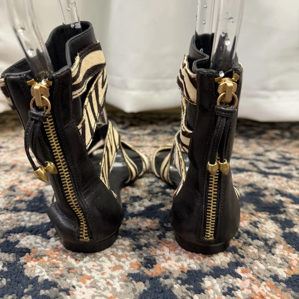 NWOT Pierre Balmain ‘Amelie’ Zebra Print Pony Hair Strappy Zip-Back Sandals Sz 6